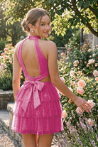 Hot Pink Tiered Bow Detail Halter Homecoming Dress Back View