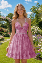 Fuchsia Beaded Floral Details A Line Homecoming Dress Front View