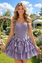 Mauve Corset Detail A Line Strapless Homecoming Dress Back View