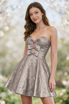 Blush Pink metallic bow-detail a-line homecoming dress front view