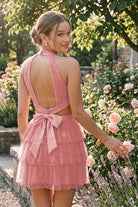 Coral Tiered Bow Detail Halter Homecoming Dress Back View