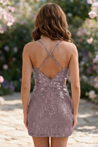 Mauve Spaghetti Straps Sequin V Neck homecoming dress back view