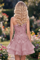 Blush Pink One Shoulder A Line Sequin Homecoming Dress Back View