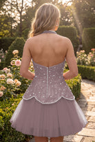Mauve Pearl A Line V Neck Homecoming Dress Back View