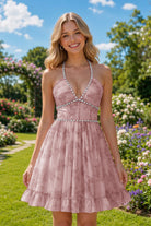 Hot Pink Beaded Floral Details A Line Homecoming Dress Front View