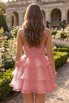 Coral Flower Detail Strapless Homecoming Dress Back View