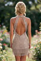 Pink Tassel Halter Sheath Sequin Homecoming Dress Back View
