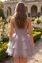 Mauve Flower Detail Strapless Homecoming Dress Back View