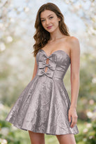 Pink metallic bow-detail a-line homecoming dress front view