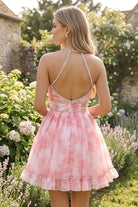 Pink Beaded Floral Details A Line Homecoming Dress Back View