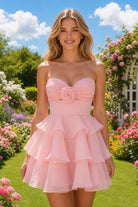 Pink Flower Detail Strapless Homecoming Dress Front View