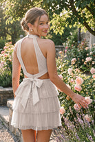 Blush Pink Tiered Bow Detail Halter Homecoming Dress Back View