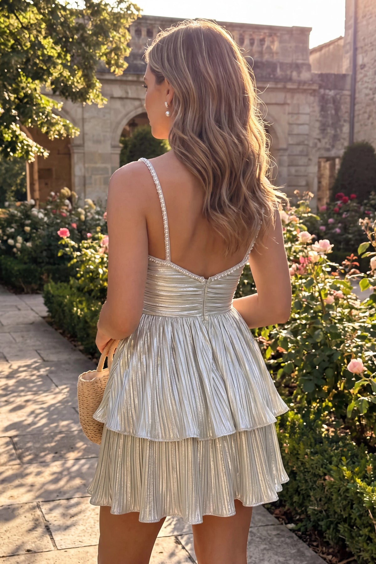 Blush Pink Metallic Tiered Short Homecoming Dress Back View