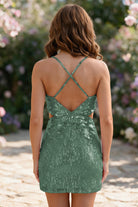 Eucalyptus Spaghetti Straps Sequin V Neck homecoming dress back view