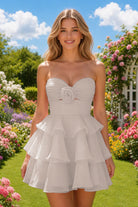 Blush Pink Flower Detail Strapless Homecoming Dress Front View