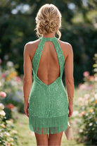 Eucalyptus Tassel Halter Sheath Sequin Homecoming Dress Back View