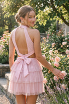 Pink Tiered Bow Detail Halter Homecoming Dress Back View