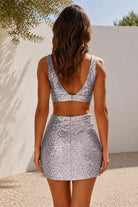 Blush Pink Sequin Keyhole Sheath Homecoming Dress Back View