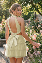 Yellow Tiered Bow Detail Halter Homecoming Dress Back View