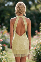 Emerald Tassel Halter Sheath Sequin Homecoming Dress Back View