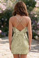 Yellow Spaghetti Straps Sequin V Neck homecoming dress back view