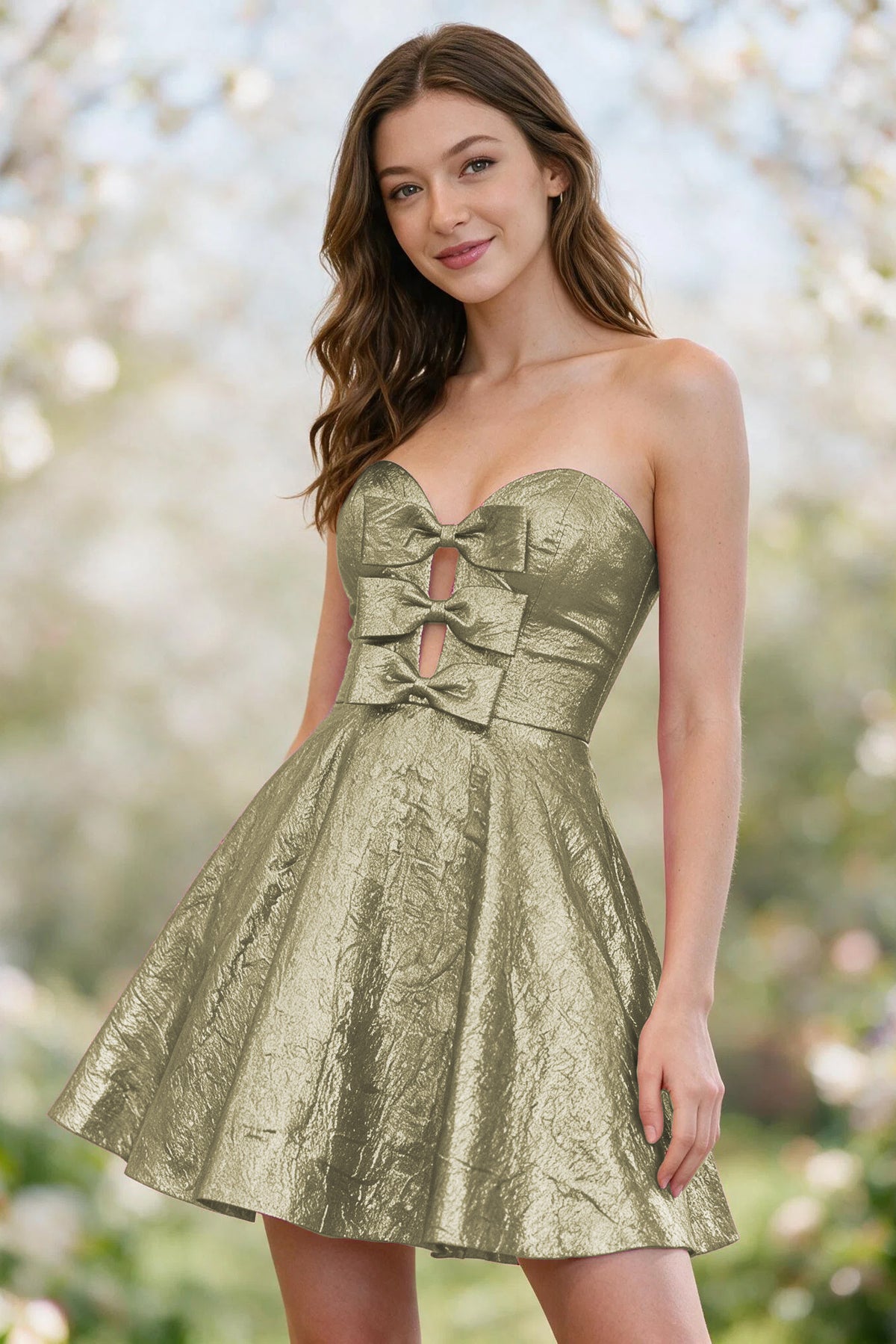 Yellow metallic bow-detail a-line homecoming dress front view