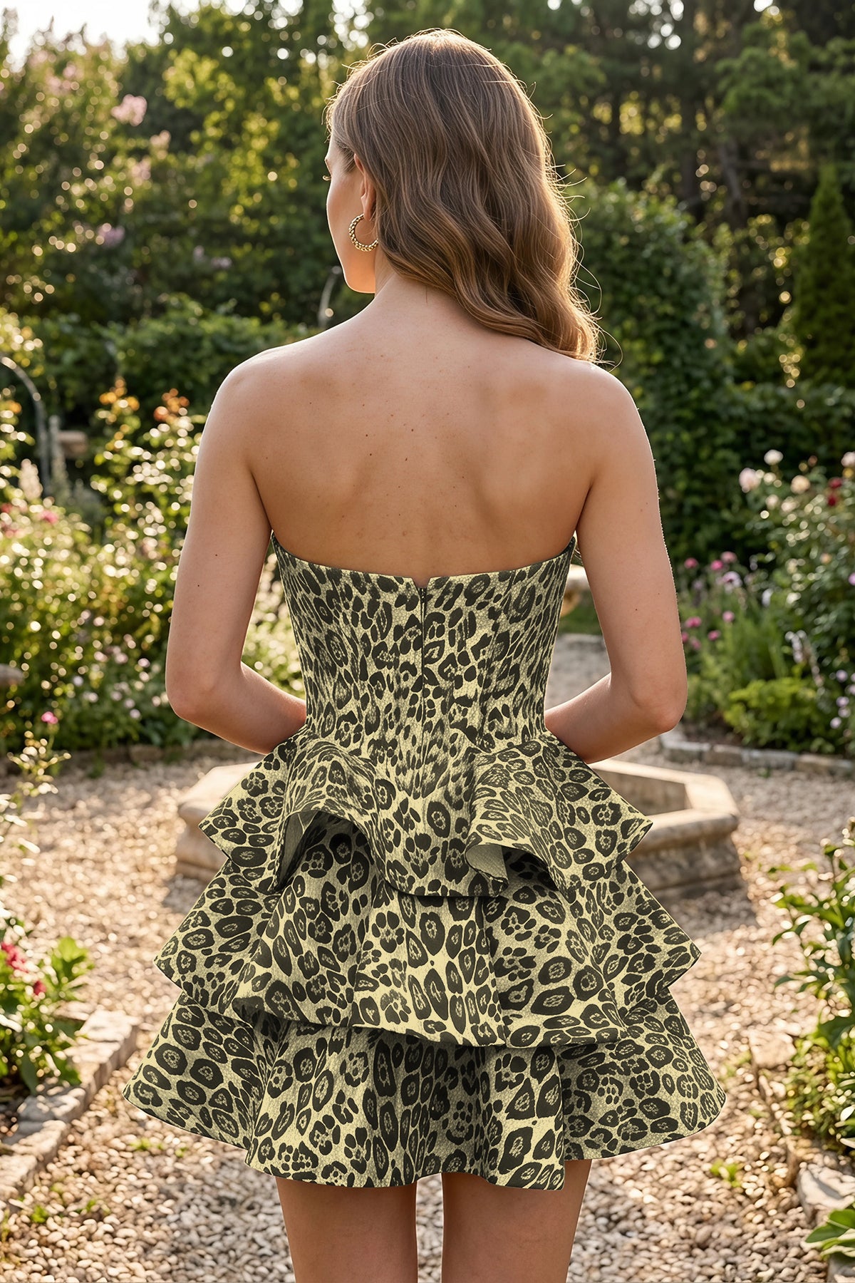 Yellow Leopard Print Ruffles Sweetheart Homecoming Dress Back View