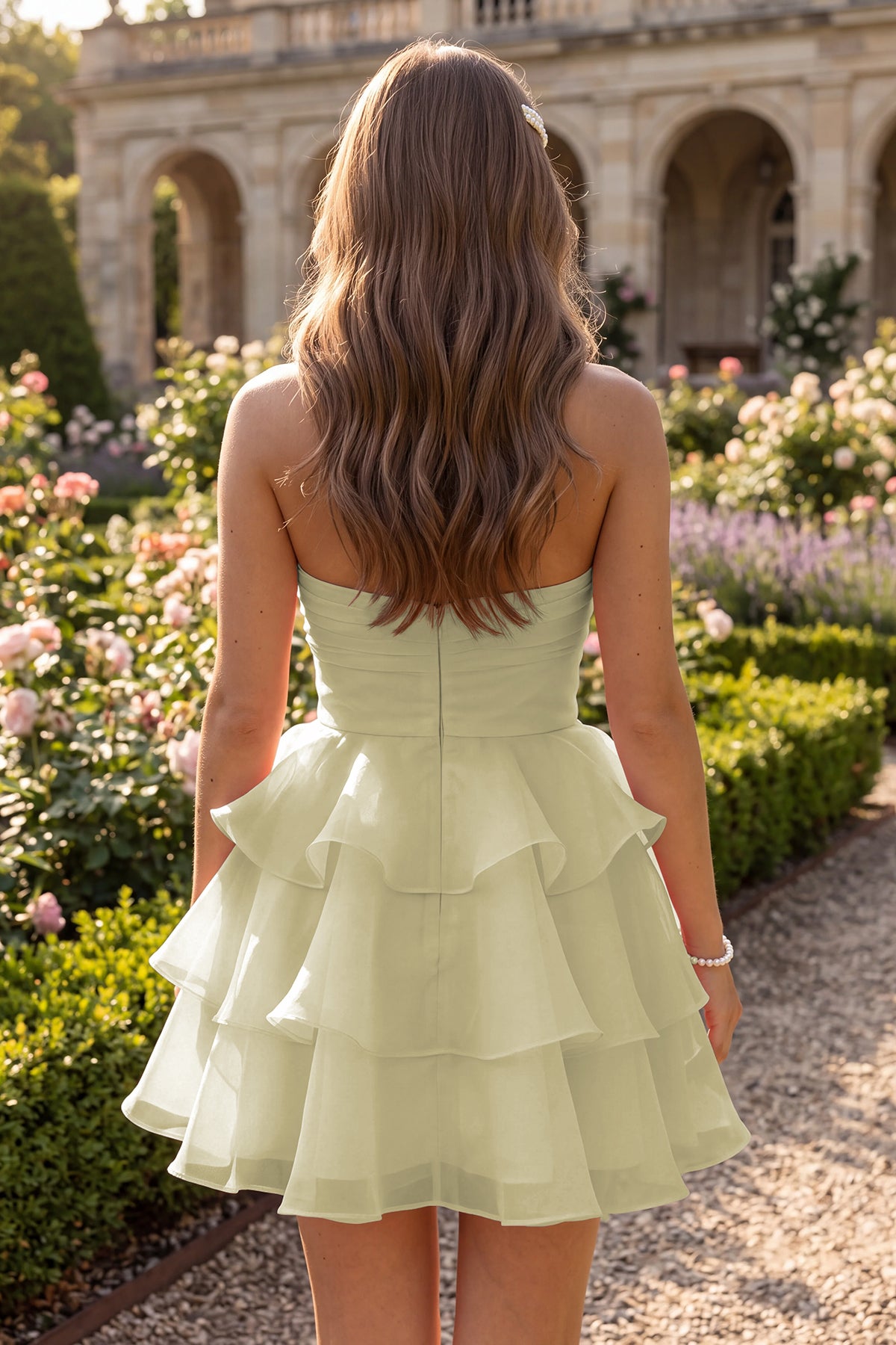 Yellow Flower Detail Strapless Homecoming Dress Back View