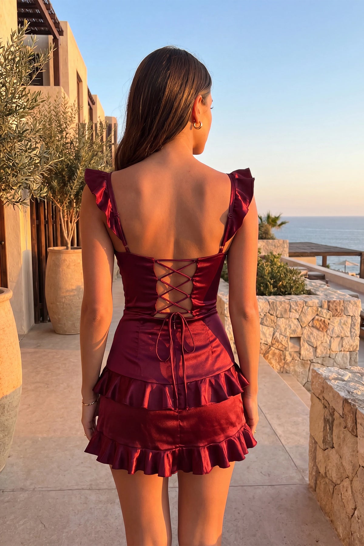 Light Burgundy Ruffle Sweetheart Strapless Sheath Homecoming Dress Back View