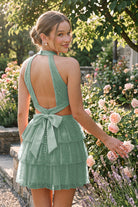 Eucalyptus Tiered Bow Detail Halter Homecoming Dress Back View