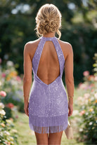 Lilac Tassel Halter Sheath Sequin Homecoming Dress Back View