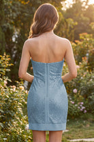 Dusty Blue Bodycon Sweatheart Sequin Strapless Homecoming Dress Back View