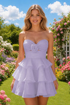 Lilac Flower Detail Strapless Homecoming Dress Front View