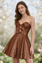 Burnt Orange metallic bow-detail a-line homecoming dress front view