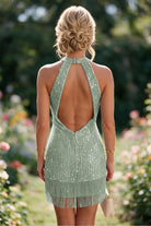 Yellow Tassel Halter Sheath Sequin Homecoming Dress Back View