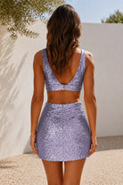 Lilac Sequin Keyhole Sheath Homecoming Dress Back View