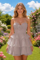 Dusty Rose Flower Detail Strapless Homecoming Dress Front View