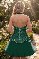 Dark Green Pearl A Line V Neck Homecoming Dress Back View