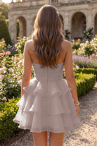 Dusty Rose Flower Detail Strapless Homecoming Dress Back View