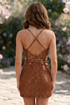 Burnt Orange Spaghetti Straps Sequin V Neck homecoming dress back view
