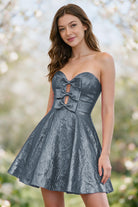 Dusty Blue metallic bow-detail a-line homecoming dress front view