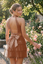 Burnt Orange Tiered Bow Detail Halter Homecoming Dress Back View
