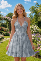 Dusty Blue Beaded Floral Details A Line Homecoming Dress Front View