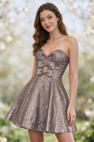 Dusty Rose metallic bow-detail a-line homecoming dress front view