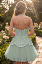 Sage Pearl A Line V Neck Homecoming Dress Back View