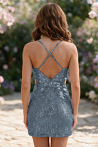 Dusty Blue Spaghetti Straps Sequin V Neck homecoming dress back view