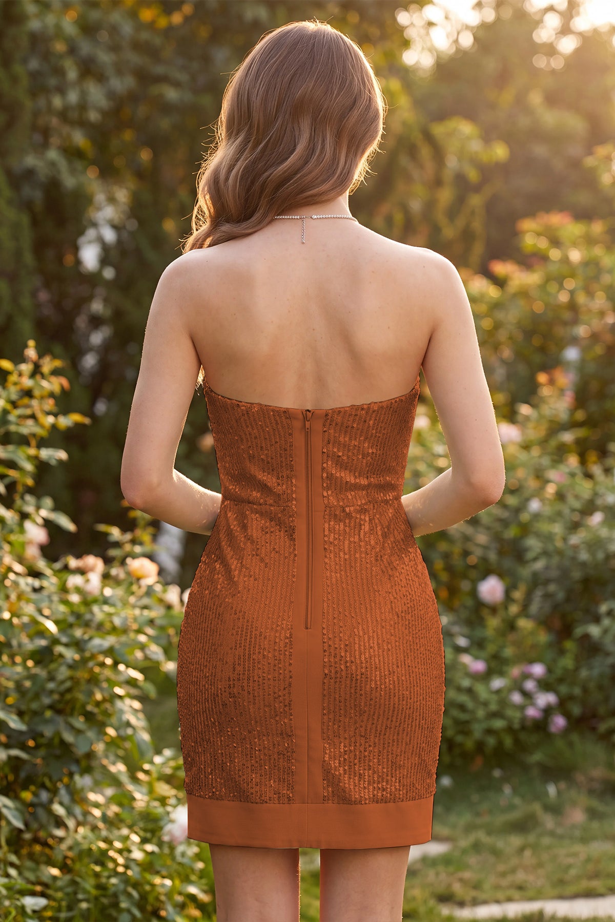 Burnt Orange Bodycon Sweatheart Sequin Strapless Homecoming Dress Back View