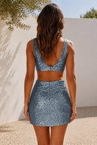 Dusty Blue Sequin Keyhole Sheath Homecoming Dress Back View