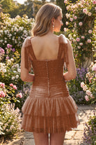 Burnt Orange Tassel Halter Sheath Sequin Homecoming Dress Back View