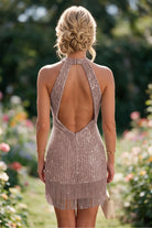 Burnt Orange Tassel Halter Sheath Sequin Homecoming Dress Back View